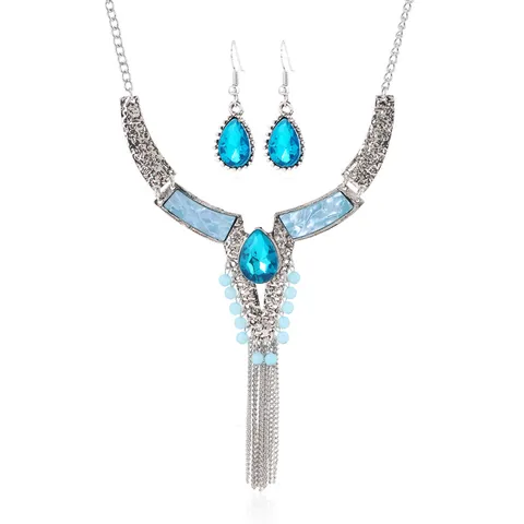 Vintage Legierung Strass Quaste Halskette Ohrringe Set Geometrische Kette Choker Für Damen Ethnischen Schmuck