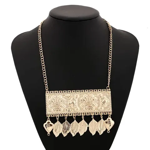 Vintage Metal Carving Leaf Tassel Pendant Necklace Geometric Multi Layer Curb Chain Exaggerated Statement Necklace For Women Party Gift