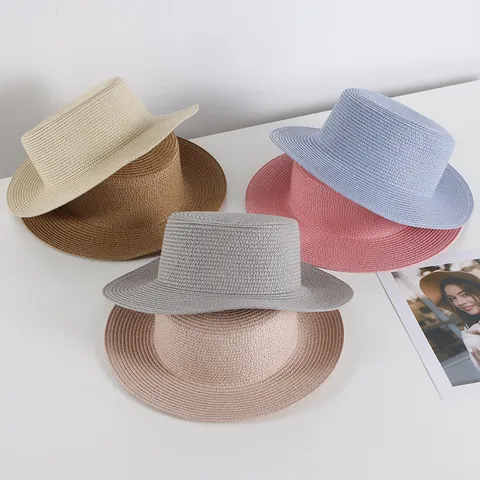 Französischer Retro Flachkopf Strohhut Für Damen Sommer Strand Sonnenschutz Breite Krempe Faltbarer Einfarbiger Sonnenhut