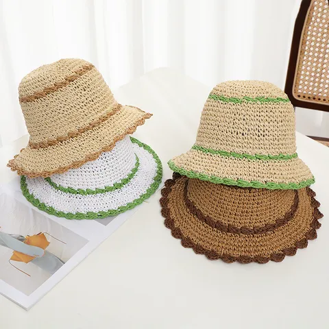 Sombrero de Paja Tipo Pescador Para Mujer Ala Ancha Parasole Rayado Tejido Sombrero de Playa Casual Verano