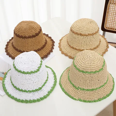 Sombrero de Paja Tipo Pescador Para Mujer Ala Ancha Parasole Rayado Tejido Sombrero de Playa Casual Verano