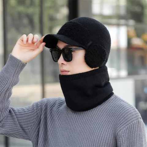 Men Winter Knit Hat Warm Thermal Fleece Lined Beanie Hat Ear Flap Brimless Windproof Acrylic Thick Pullover Hat Scarf Set For Outdoor Daily Travel Casual Style