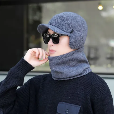 Men Winter Knit Hat Warm Thermal Fleece Lined Beanie Hat Ear Flap Brimless Windproof Acrylic Thick Pullover Hat Scarf Set For Outdoor Daily Travel Casual Style
