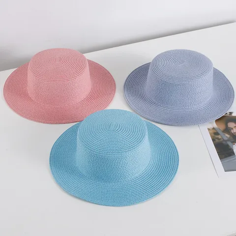 Französischer Retro Flachkopf Strohhut Für Damen Sommer Strand Sonnenschutz Breite Krempe Faltbarer Einfarbiger Sonnenhut