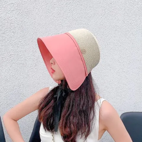 Women Color Block Cotton Bucket Hat Rhinestone Embroidered Patch Sun Protection Beach Panama Hat With Windproof Tie