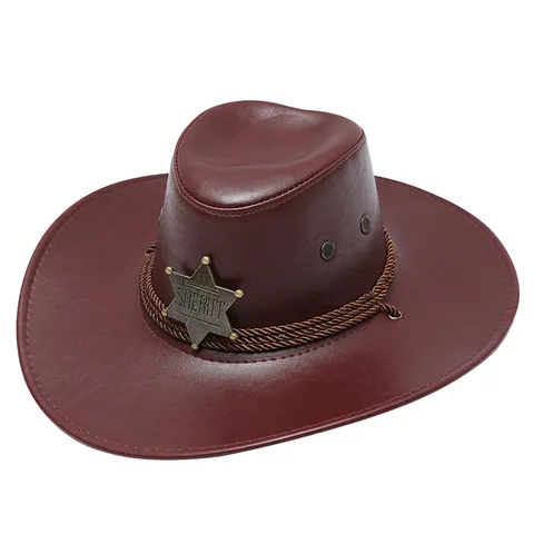 Cappello da Cowboy Western Classique Similpelle Tesa Larga Fedora Cappello da Jazz con Distintivo da Sceriffo Sole All'aperto