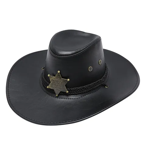 Cappello da Cowboy Western Classique Similpelle Tesa Larga Fedora Cappello da Jazz con Distintivo da Sceriffo Sole All'aperto