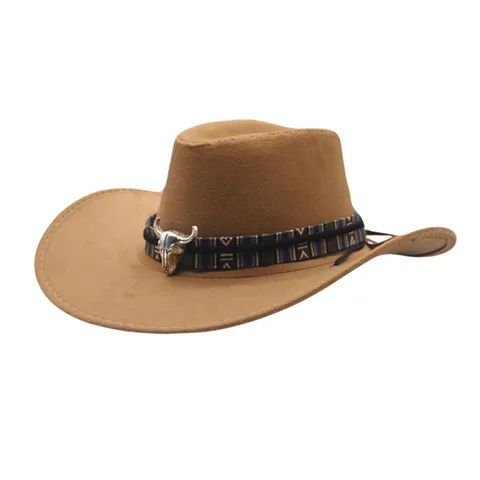 Retro Western Cowboy Hat For Women Polyester Wide Brim Jazz Hat With Ethnic Ribbon Bull Head Metal Ornament Prom Performance Fedora Hat