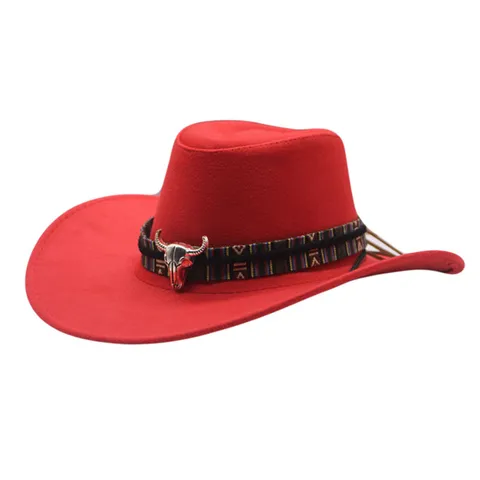 Retro Western Cowboy Hat For Women Polyester Wide Brim Jazz Hat With Ethnic Ribbon Bull Head Metal Ornament Prom Performance Fedora Hat
