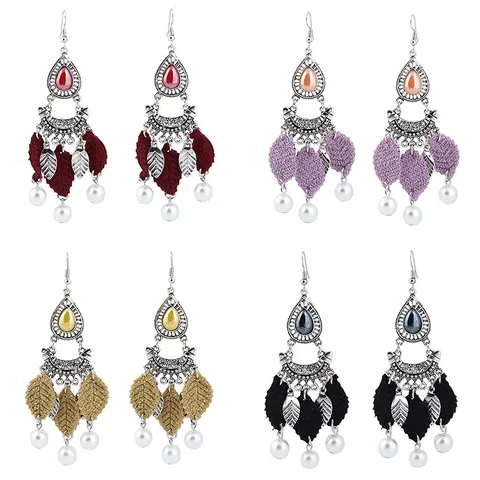 Vintage Legierung Strass Künstliche Perle Quasten Ohrringe Westlichen Stil Hohl Tränenform Baumeln Tropfen Ohrringe Für Damen
