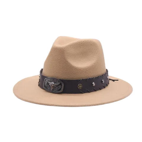 Chapeau de Cowboy Occidental en Polyester Chapeau Fedora Avec Ornement Tête de Taureau Ceinture en Cuir Rivets en Étoile Ethnique Décontracté Chapeau à Bord Plat pour Hommes Femmes Voyage Fête