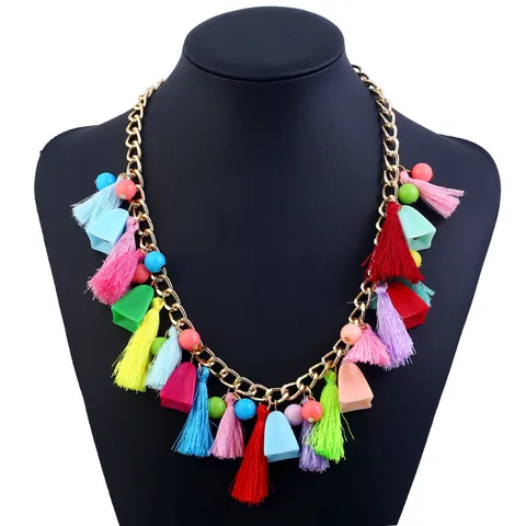 Bohemian Ethnic Tassel Pendant Necklace Colorful Plush Pom Pom Alloy Chain Necklace For Women Vacation Jewelry