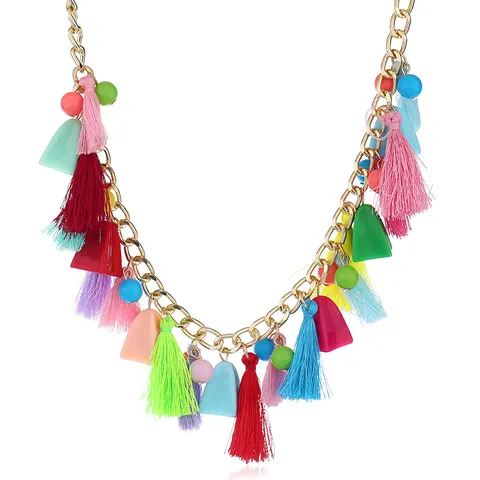 Bohemian Ethnic Tassel Pendant Necklace Colorful Plush Pom Pom Alloy Chain Necklace For Women Vacation Jewelry