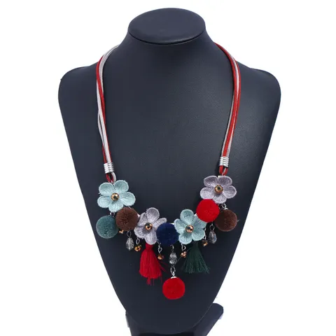 Bohemian Alloy Floral Pendant Necklace With Tassels Pom Poms Choker Short Sweater Chain Fashion Jewelry For Women Gift