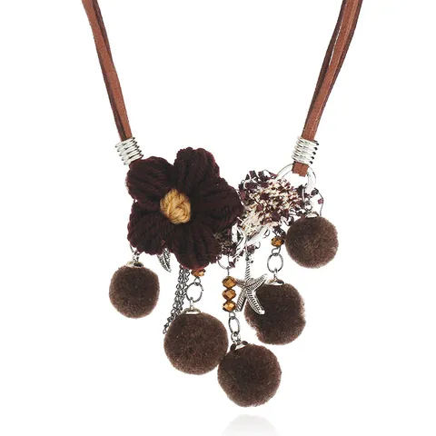 Collana Pendente Boho Con Fiori Intrecciati e Nappa Pompon Tessuto Plastica Catenina Girocollo Gioielli Ornamento Regalo Per Festa Donna