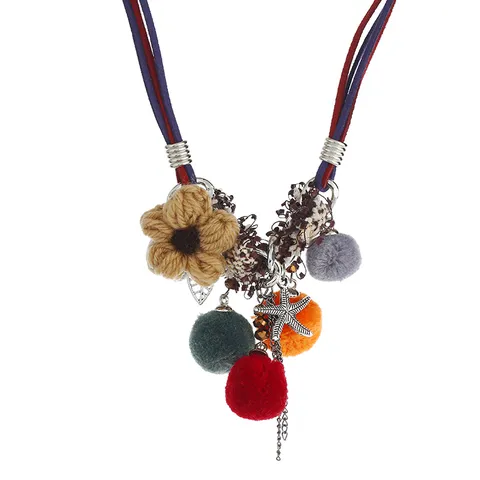 Collana Pendente Boho Con Fiori Intrecciati e Nappa Pompon Tessuto Plastica Catenina Girocollo Gioielli Ornamento Regalo Per Festa Donna