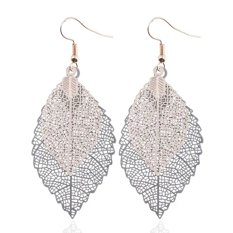Vintage Minimalistisch Metall Doppelschichtiges Blatt Ohrhänger Bunt Farbverlauf Hohl Baum Blatt Quasten Ohrringe Für Damen
