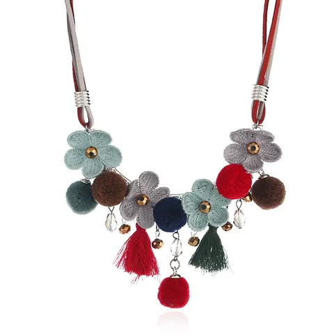Bohemian Alloy Floral Pendant Necklace With Tassels Pom Poms Choker Short Sweater Chain Fashion Jewelry For Women Gift