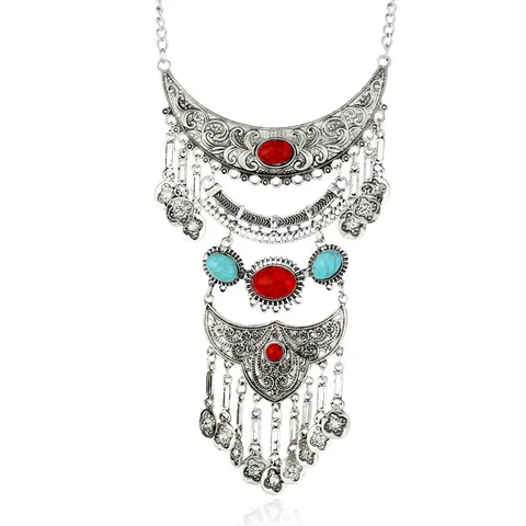 Vintage Western Mehrlagige Quaste Statement Anhänger Halskette Harz Künstlicher Edelstein Geometrisch Geschnitzte Pullover Lange Kette Schmuck Geschenk