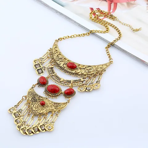 Vintage Western Mehrlagige Quaste Statement Anhänger Halskette Harz Künstlicher Edelstein Geometrisch Geschnitzte Pullover Lange Kette Schmuck Geschenk