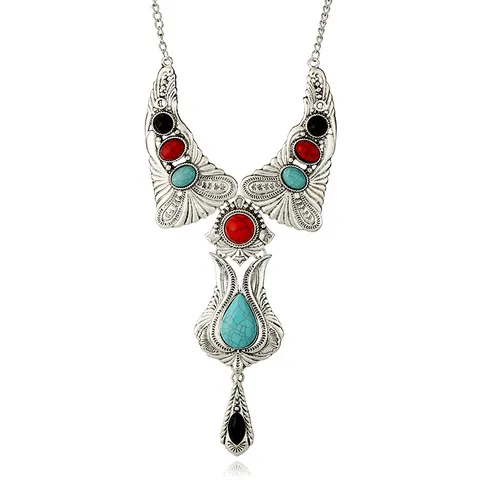 Westerse Vintage Overdreven Etnisch Halsketting Legering Turquoise Hanger Meerlagige Opengewerkt Gesneden Sleutelbeenketting Voor Reis Sieraden