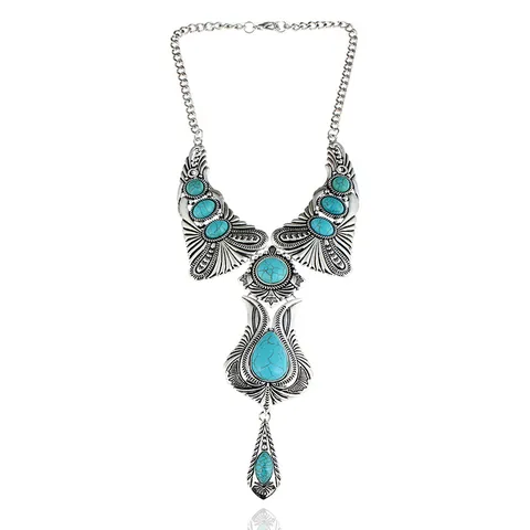 Westerse Vintage Overdreven Etnisch Halsketting Legering Turquoise Hanger Meerlagige Opengewerkt Gesneden Sleutelbeenketting Voor Reis Sieraden
