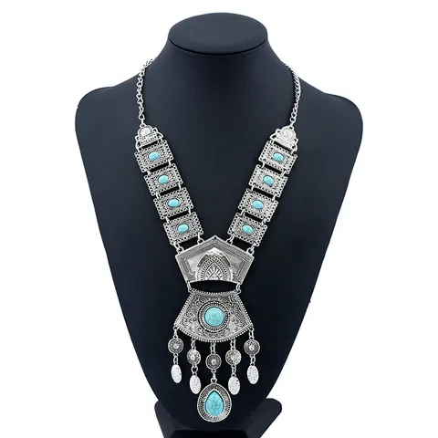 Vintage Euro-American Long Tassel Necklace Irregular Gemstone Multi-Layer Geometric Statement Pendant Sweater Chain For Women Party
