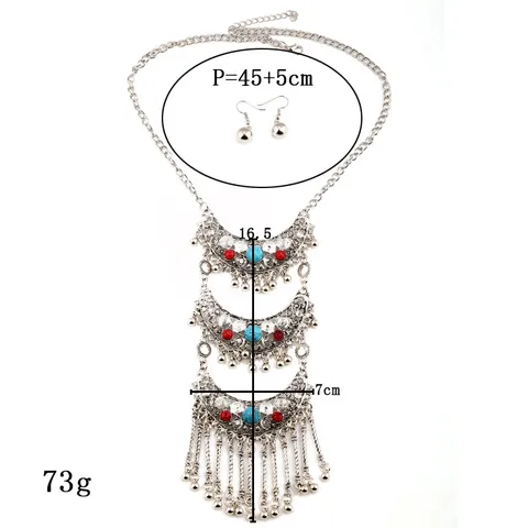 Vintage Alloy Rhinestone Crescent Hollow Tassel Long Pendant Necklace Earrings Set Bohemian Exaggerated Neckwear Jewelry For Women