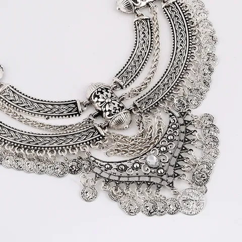 Vintage Legierung Münze Quaste Schmuckset Boho Geometrischer Halbmond Gliederkette Statement Halskette Ohrringe Set Für Damen Ethno Party Schmuck