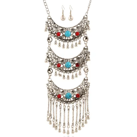 Vintage Alloy Rhinestone Crescent Hollow Tassel Long Pendant Necklace Earrings Set Bohemian Exaggerated Neckwear Jewelry For Women