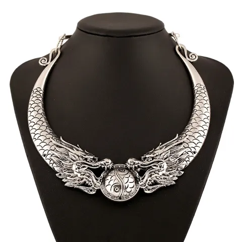 Collar Gargantilla de Declaración de Aleación Vintage de Doble Dragón Rétro Étnico Tai Chi Torque Joyería Para Mujeres Hombres