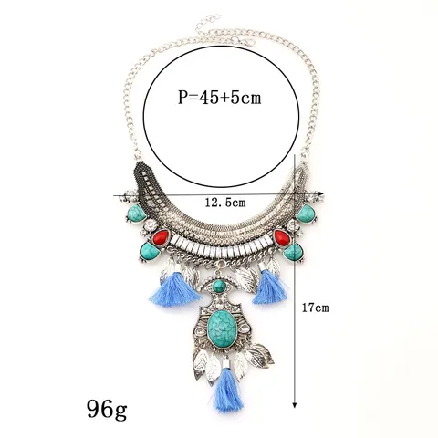 Vintage Bohemian Alloy Rhinestone Leaf Pendant Necklace Colorful Tassel Gemstone Choker Curb Chain Statement Layered Jewelry Necklace For Men Women Party Gift