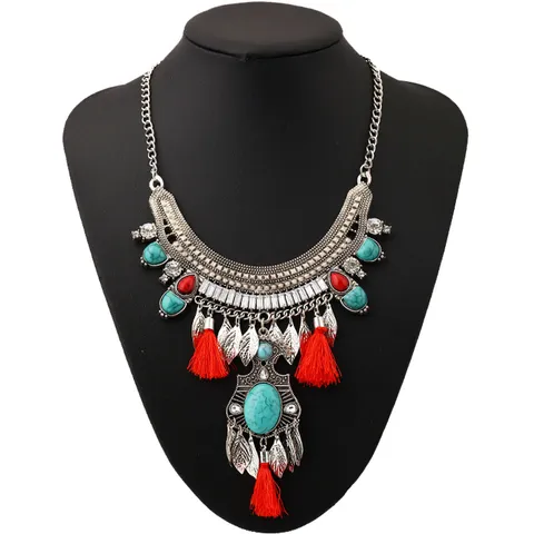 Vintage Bohemian Alloy Rhinestone Leaf Pendant Necklace Colorful Tassel Gemstone Choker Curb Chain Statement Layered Jewelry Necklace For Men Women Party Gift