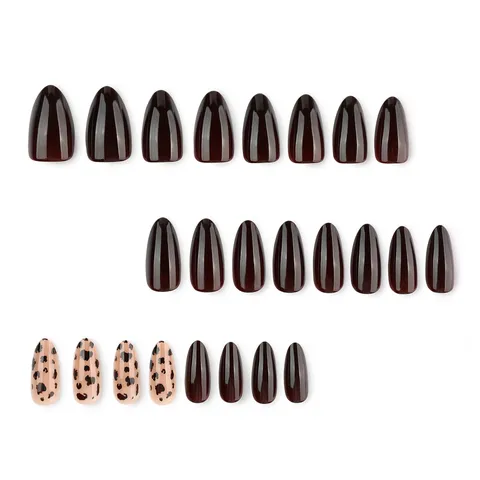 Maillard Style Leopard Print Press-On Nails Glossy Long Almond False Nails Stitching Design Resin Full Cover Fake Nails For Women Daily Nail Art Decor