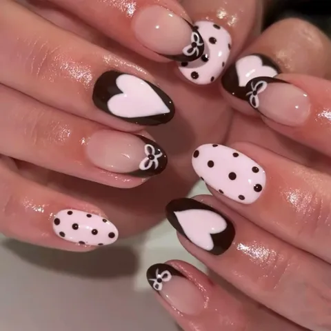 Sweet Cool Black Pink Heart Polka Dot Press On Nails Almond Shape French Bow Design Fake Nails For Women Daily Nail Art