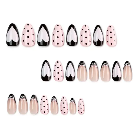 Sweet Cool Black Pink Heart Polka Dot Press On Nails Almond Shape French Bow Design Fake Nails For Women Daily Nail Art
