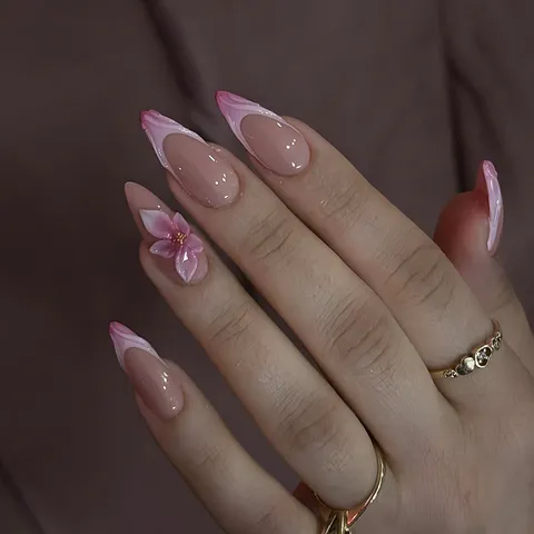 Unghie Finte Press On Fiori 3D Sfumato Francese Rosa Bianco Mandorla Unghie Finte Resina Acrilico per Donna Manicure
