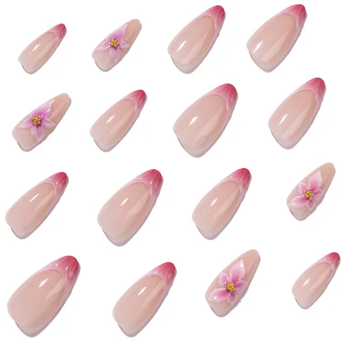 Unghie Finte Press On Fiori 3D Sfumato Francese Rosa Bianco Mandorla Unghie Finte Resina Acrilico per Donna Manicure