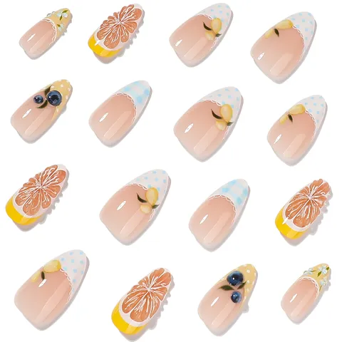 Fresh 3D Fruit Press-On Nails Short Almond False Nails With Plaid Ribbon Artificial Pearl Designs For Women Daily Manicure Decorative Art