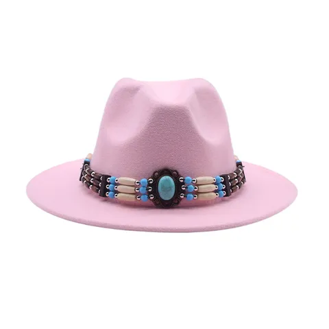 Western Cowboy Hat Ethnic Beaded Turquoise Chain Wool Fedora For Men Women Casual Outdoor Fashion Sunshade Jazz Hat