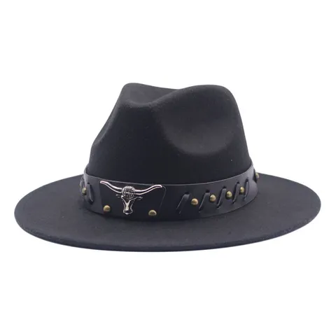 Chapeau de Cowboy Western Vintage Pour Hommes Femmes Feutre de Polyester Large Bord Fedora Chapeau de Jazz Avec Bande En Cuir Rivetée Tête de Taureau