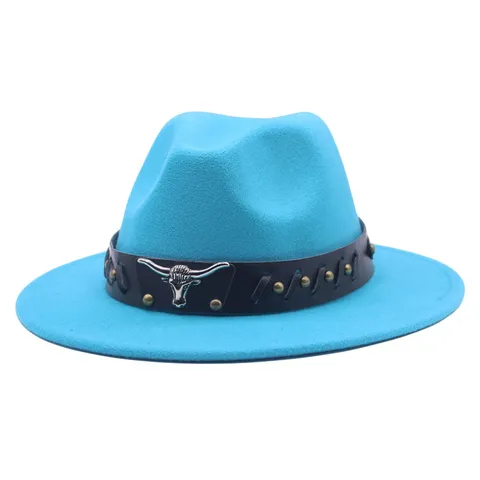 Chapeau de Cowboy Western Vintage Pour Hommes Femmes Feutre de Polyester Large Bord Fedora Chapeau de Jazz Avec Bande En Cuir Rivetée Tête de Taureau
