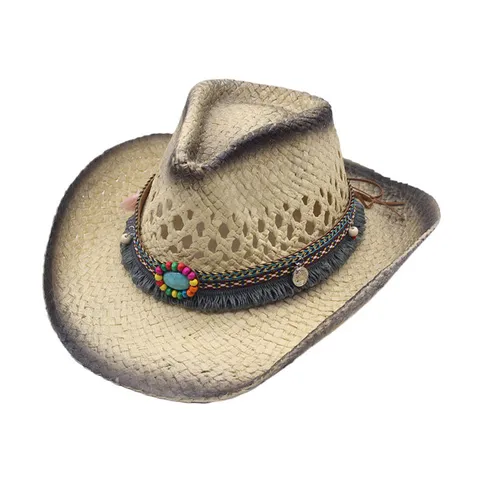 Vintage Western Cowboy Straw Hat For Men Women Hollow Out Wide Brim Sun Protection Panama Jazz Hat With Boho Beads
