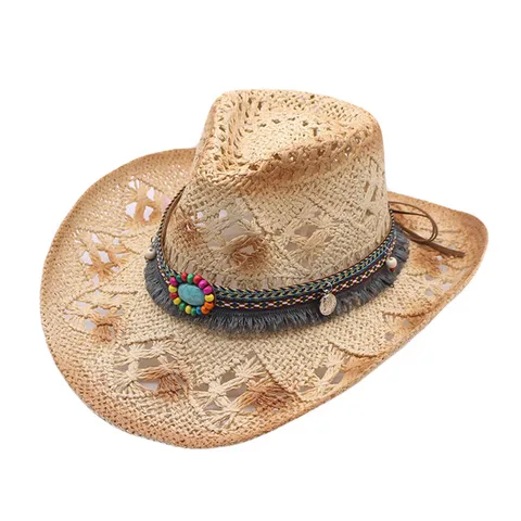 Western Cowboy Straw Hat Men Women Summer Beach Sun Hat Hollow Out Woven Boho Tassels Turquoise Breathable Cowboy Hat