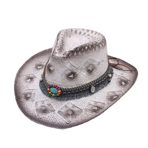 Western Cowboy Straw Hat Men Women Summer Beach Sun Hat Hollow Out Woven Boho Tassels Turquoise Breathable Cowboy Hat