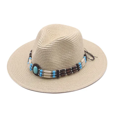 Chapeau de Paille de Cowboy Occidental Pour Femmes Hommes Grand Bord Protection Solaire Chapeau Paille Rétro Bande Perlée Été Plage