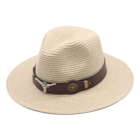 Chapeau de Paille Vintage Occidental Grand Bord Chapeau de Soleil Jazz Avec Ceinture en Cuir PU Accent Métallique pour Couple Extérieur Plage Voyage Quotidien Unisexe