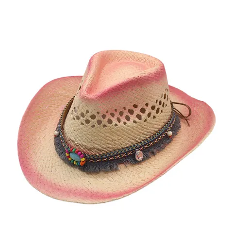 Vintage Western Cowboy Straw Hat For Men Women Hollow Out Wide Brim Sun Protection Panama Jazz Hat With Boho Beads