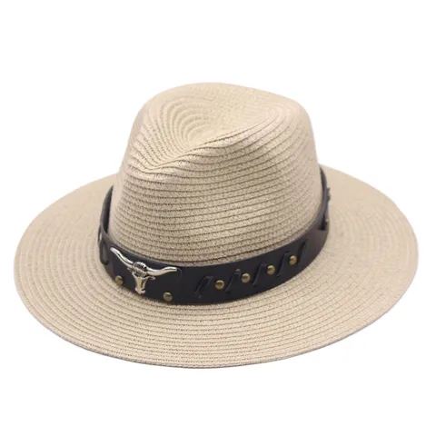 Chapeau de Paille de Cowboy Occidental pour Femmes Protection Solaire Large Bord Fedora de Plage Avec Bande en Similicuir Rivets Tête de Taureau