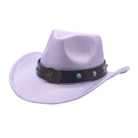 Glitter Western Cowboy Hat Wide Brim Jazz Fedora Top Hat With Turquoise Star Leather Band For Carnival Stage Party Women Men Polyester